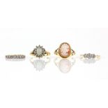 Four gem set rings, one illusion set three stone, size M, another diamond half eternity, size I,