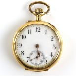 An open faced gold pocket watch, white enamel dial, Arabic numerals, subsidiary seconds dial, inside