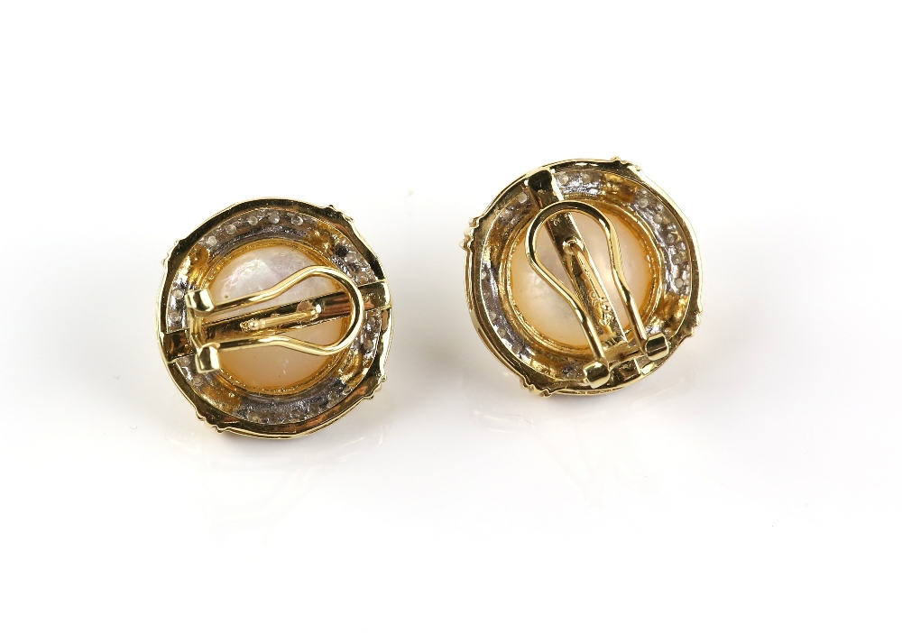 Pair of Mabe pearl and diamond earrings, each set with a large Mabe pearl encompassed by a - Image 2 of 2