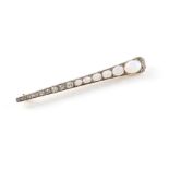 Opal and old cut diamond tapered bar brooch, set with six graduated oval cabochons, largest opal 2.