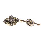 AMENDED CONDITION REPORT Antique rose cut diamond, pearl and enamel brooch, with fleur-de-lis