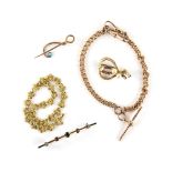 Mixed group of gold jewellery, fancy link bracelet, 20cm in length, stamped 22 ct, bar brooch, set