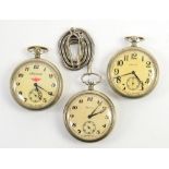 Three Moinija open faced pocket watches, all with round dials Arabic numerals, minute track and