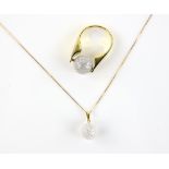 Modern gold white topaz spherical pendant, with a articulated bail on a fine box link chain, 46cm in