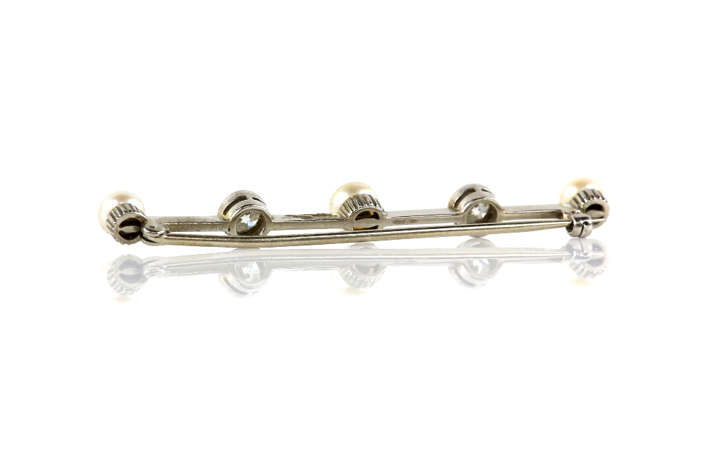 Diamond and pearl bar brooch, set with three white pearls and two transitional cut diamonds, - Image 2 of 2