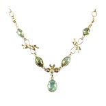 Green tourmaline necklace, five oval cabochon tourmalines, alternately set within heart and bead