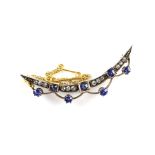 Late Victorian sapphire and old-cut diamond crescent brooch, comprising three sapphires in square