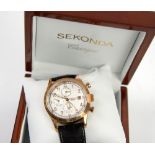 Sekonda Classique rose golden coloured gentleman's calendar wristwatch, the white dial with Arabic