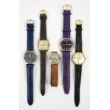 Seiko 5 automatic wristwatch with purple dial and strap, with another Seiko 5 automatic watch with