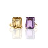 Two quartz cocktail rings, one set with rectangular step cut citrine, estimated weight 17.91 carats,