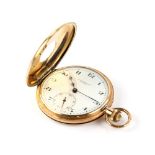 1920's J W Benson half hunter pocket watch, front of case set with blue enamel Arabic numerals and