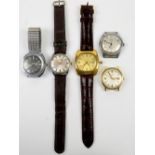 Bulova automatic square dial watch with golden face and brown leather strap, with another Bulova