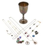 Box of costume jewellery including a silver goblet, three pendants, four chains, two miniature St