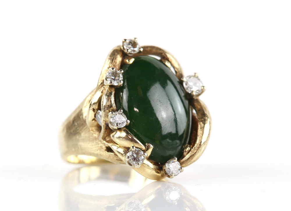 Nephrite jade and diamond ring, oval cabochon cut nephrite measuring an estimated 19.8 x 13.8 x 4. - Image 2 of 3