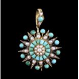 Victorian turquoise and pearl pendant, twelve point starburst design, glazed panel to reverse, in 15