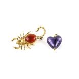 Scorpion brooch set with carnelian, mount testing as 18 ct, 5x 27cm and purple glass heart charm,