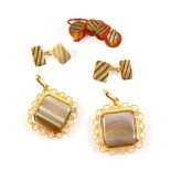 Two square agate pendants, wirework scroll mounts, stamped 22 ct KDM and a pair of cufflinks and