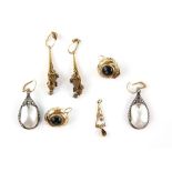 A group of earrings, 19th C basket earrings wire work detail, the main earring bodies and fittings