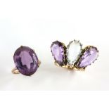 Aquamarine and amethyst three stone ring, central pear cut aquamarine with pear cut amethyst set