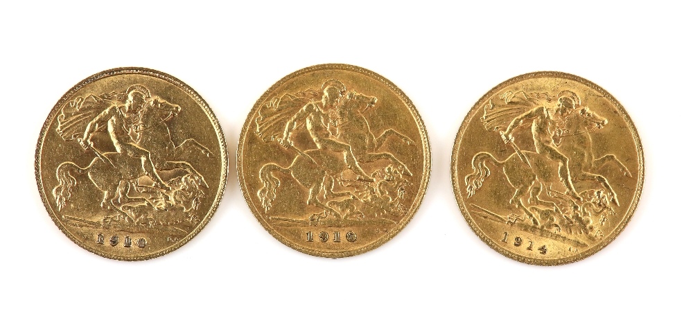 Three gold half sovereigns, two King Edward VII 1910 and one King George V 1914