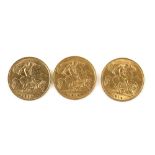 Three gold half sovereigns, two King Edward VII 1910 and one King George V 1914