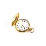 Ladies late Victorian half hunter pocket watch, enamel dial with Roman numerals, subsidiary dial and