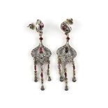 A pair of ruby and rose cut diamond drop earrings, set with cabochon, square and marquise cut