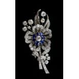 Late Art Deco sapphire and diamond floral spray brooch, central old European cut diamond weighing an