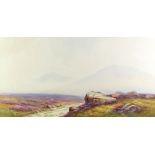 J. Macdonald, A moorland stream watercolour, signed, 35cm x 68cm
