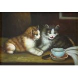 Oil on panel, kittens by a tea bowl, 11cm x 16cm