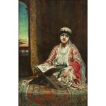 20th century oil on canvas of a Middle Eastern young lady reading from a stand on a carpet,