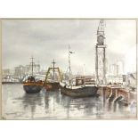 Webb, British 20th century, dock scene with ships and cranes, signed, watercolour, 53xm x 72cm,