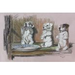 Cecil Aldin (British, 1870-1935), pastel sketch of three puppies on a bench rearing up on hind