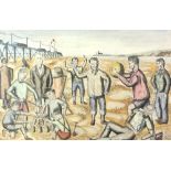 Manner of John Minton. Group Playing on the Beach, a Pier beyond. Watercolour, pen + ink. Signed ‘