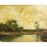 Early 20th century river landscape, oil on board, with label and writing verso Potworowski 46cm x