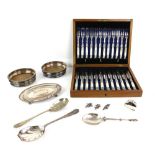 Cased set of twelve mother of pearl handled tea knives and forks, pair of bottle coasters, two