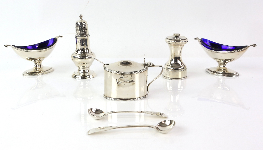 Selection of silver condiments to include a small George III sugar caster, by Robert Peaston, London