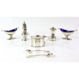 Selection of silver condiments to include a small George III sugar caster, by Robert Peaston, London