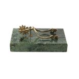 Modern silver-gilt mounted desk paperweight, modelled as a horseman's spur, London 1974, green