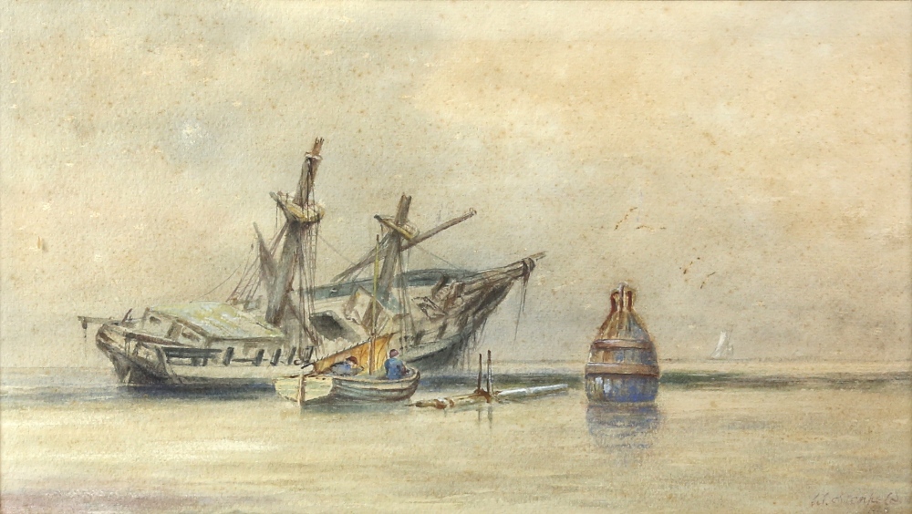 William Clarkson Stanfield (1793-1867). Figures in a Rowing Boat by a Shipwreck. Watercolour. Signed