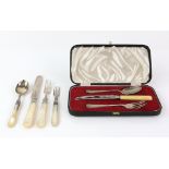 Victorian silver and mother-of-pearl christening set comprising fork and spoon, Birmingham 1879, a