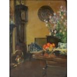 Reginald Mills, oil on board, still life interior with flowers and a bowl of fruit, signed, 40 x