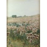 Ben Foster (American, 1852-1926). Flowers in a field with outbuildings beyond, watercolour, signed