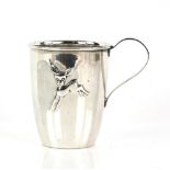German silver christening mug with embossed fawn decoration, inscription free, marked 925 to the