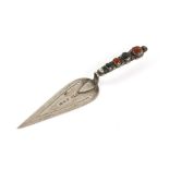 Victorian silver trowel form book mark set with four cabochon stones of different colours,