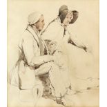 Edward Duncan RWS (1803-1882) drawing pen and ink wash, Study of two figures seated on a Quay side ,
