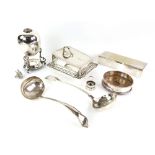 Selection of silver-plated items to include a table cigarette box, 24 cm wide, wine bottle