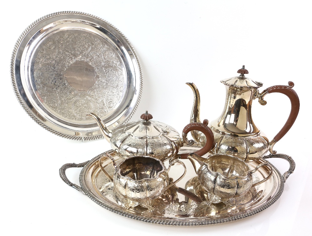 Silver plated four piece tea and coffee service, comprising coffee pot, teapot, cream jug and