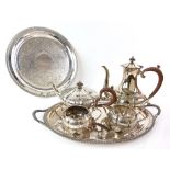 Silver plated four piece tea and coffee service, comprising coffee pot, teapot, cream jug and