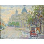 Pinilla, 20th century, Paris street scene with figure by a car, signed, oil on board, 19.5cm x 24.